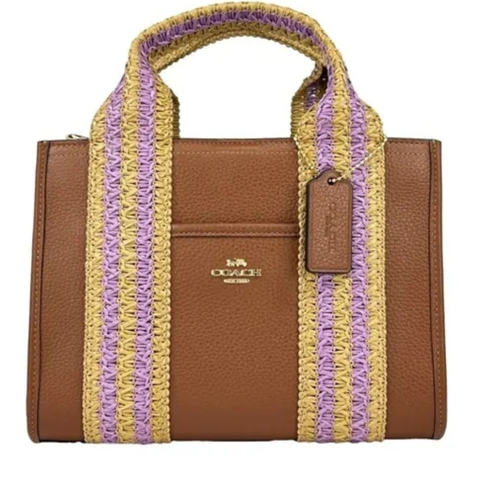 Coach Brown Leather Tote with Lavender and Tan Crochet Straps